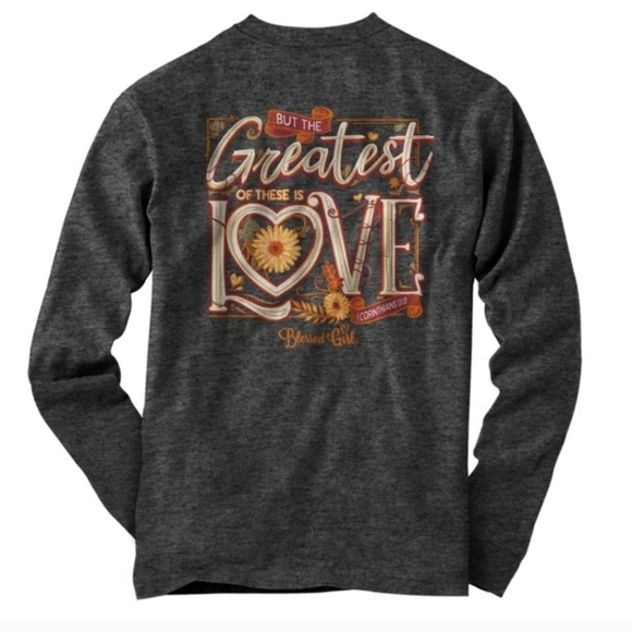 NWT Blessed Girl long sleeved charcoal gray tee "The Greatest of these is love" - Picture 1 of 8